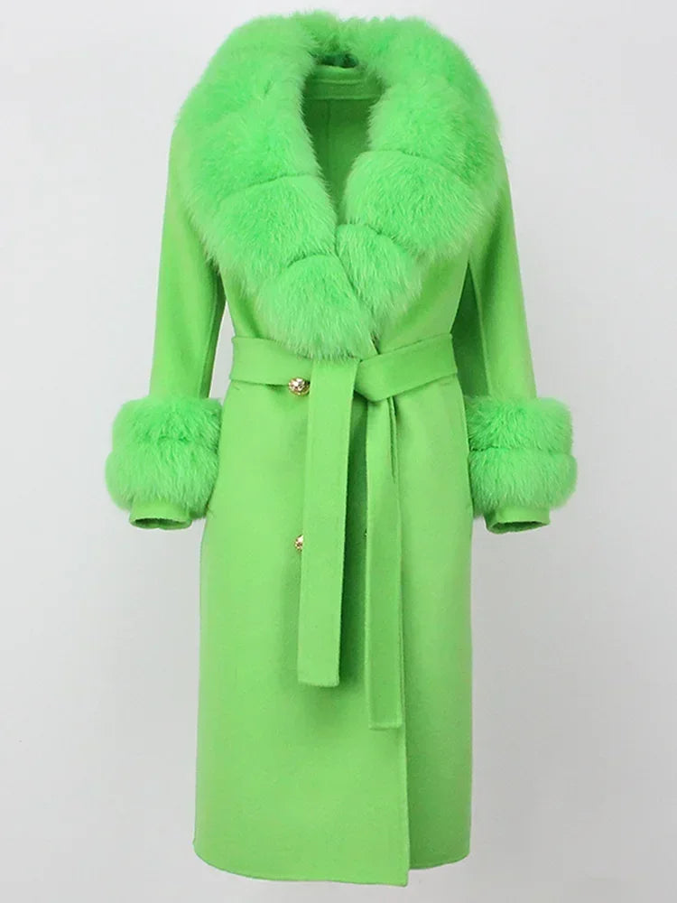 Double Breasted Woolen Jacket Belt Warm Cashmere Real Fur Coat Streetwear New Fashion 2024 Winter Women Long Natural Wool Blends