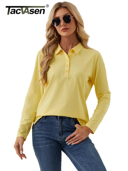 TACVASEN Women's Long Sleeve 5-Button Polo Shirts V-Neck Collared Tops Cotton Blend Casual Work Golf T-Shirts with Side Split