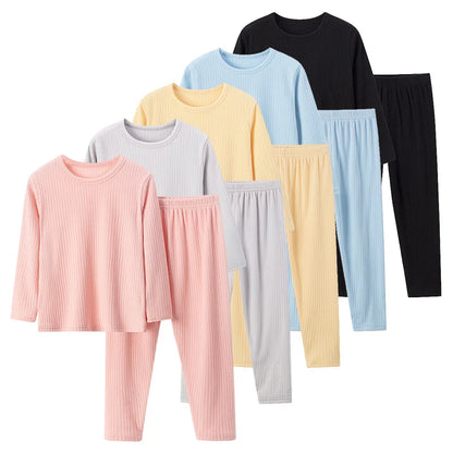 2-Piece Autumn/Winter Children's 5-color Pit Stripe Thermal Underwear Set Boys' Versatile Home Clothes Girls' Sweet Sleepwear