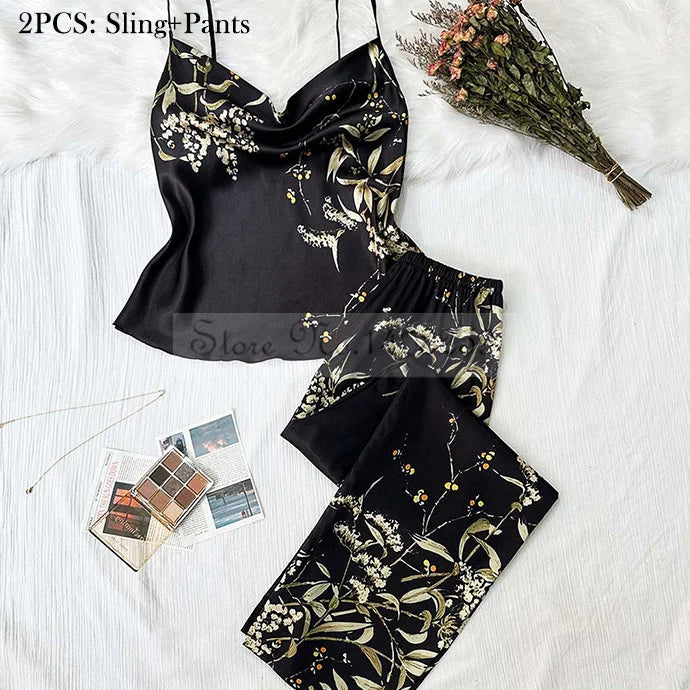 Four Pieces Pajamas Set Printed Little Cherry Sleepwear Women Satin Nightgown With Suspender Sling&Shorts Summer Home Clothes