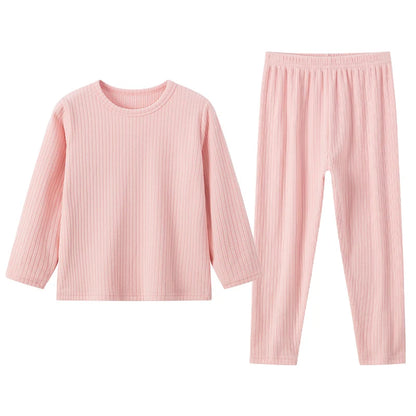 2-Piece Autumn/Winter Children's 5-color Pit Stripe Thermal Underwear Set Boys' Versatile Home Clothes Girls' Sweet Sleepwear