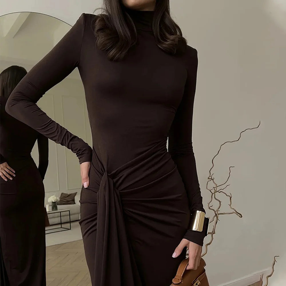 Autumn and Winter Fashion Women's High Collar Long Sleeve Splicing Strap Waist Slimming Style Solid Color Dress for Women