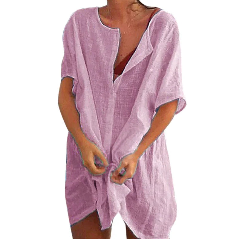 2025 Hot Sexy Beach Swimsuit Cover-Ups Women Blouse Beach Shirt Cotton Linen Long Blouse Fashion Casual Solid Color Beach Dress