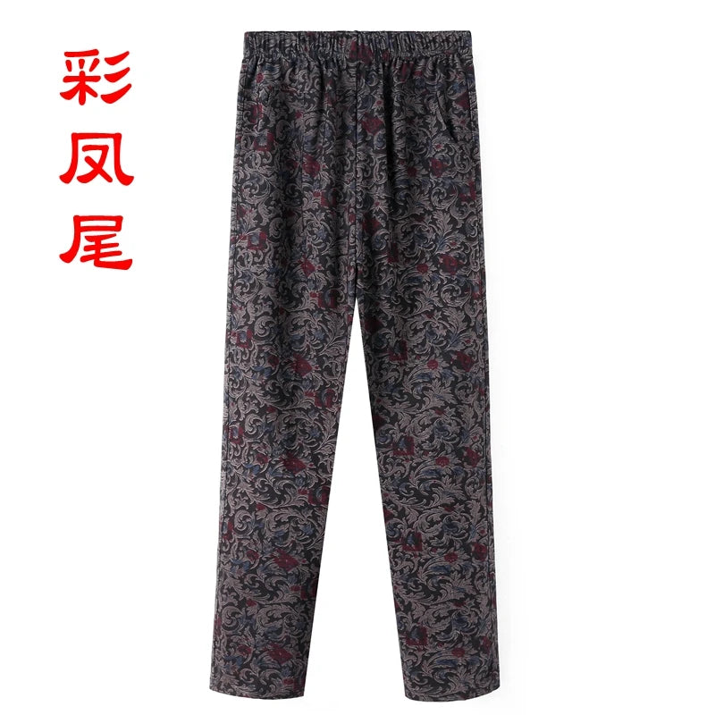 8XL 9XL Middle-aged Women Trousers New Print Elasti High Waist Casual Pants Spring and Autumn Straight Pants Oversize Grandma Pa