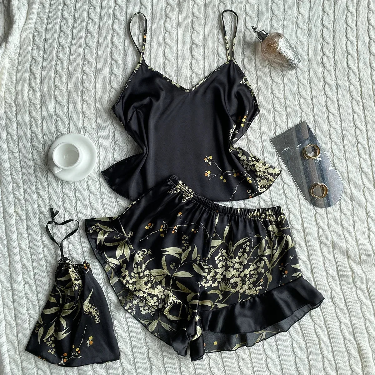 Summer Fashion 3 Pcs Silk Floral Print Suspenders Tops and Shorts with Hanging Bag Pajamas Women Sleepwear Home Wear