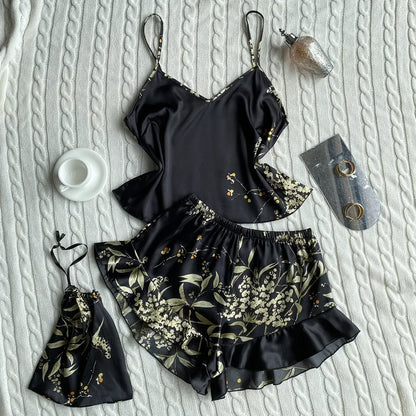 Summer Fashion 3 Pcs Silk Floral Print Suspenders Tops and Shorts with Hanging Bag Pajamas Women Sleepwear Home Wear