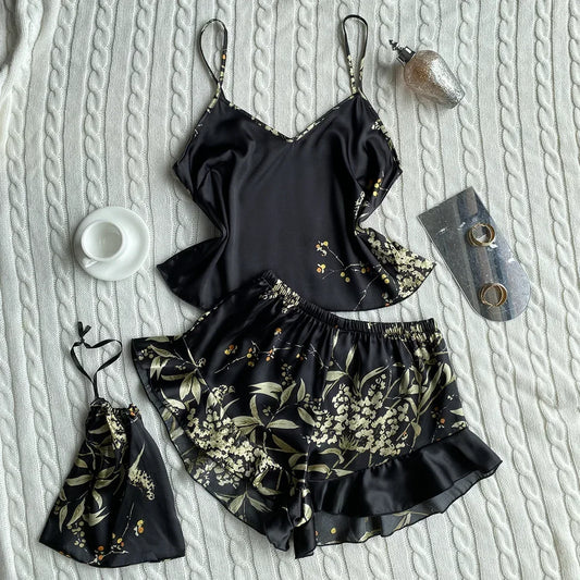 Summer Fashion 3 Pcs Silk Floral Print Suspenders Tops and Shorts with Hanging Bag Pajamas Women Sleepwear Home Wear