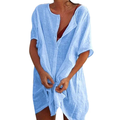2025 Hot Sexy Beach Swimsuit Cover-Ups Women Blouse Beach Shirt Cotton Linen Long Blouse Fashion Casual Solid Color Beach Dress