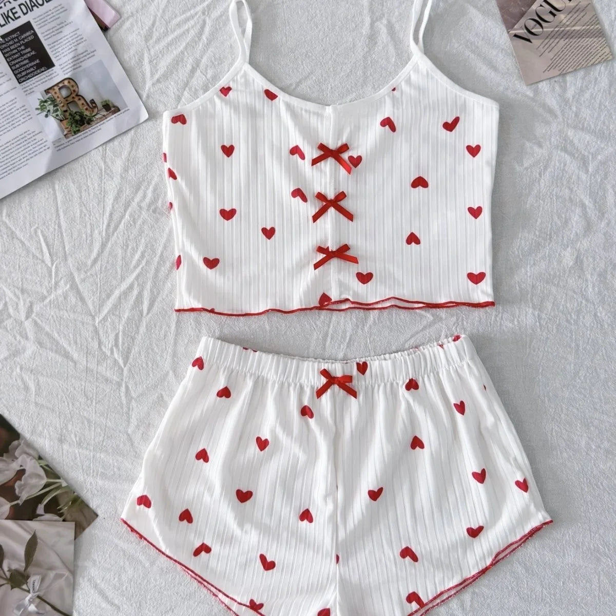 Women's Pajamas Fashion Lace Patchwork Heart Print Bowknot Decoration Sexy Cami Sleepwear Set  Sleeveless V-Neck Summer Lingerie