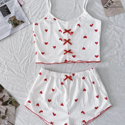 Women's Pajamas Fashion Lace Patchwork Heart Print Bowknot Decoration Sexy Cami Sleepwear Set  Sleeveless V-Neck Summer Lingerie