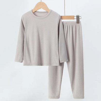 2-Piece Autumn/Winter Children's 5-color Pit Stripe Thermal Underwear Set Boys' Versatile Home Clothes Girls' Sweet Sleepwear