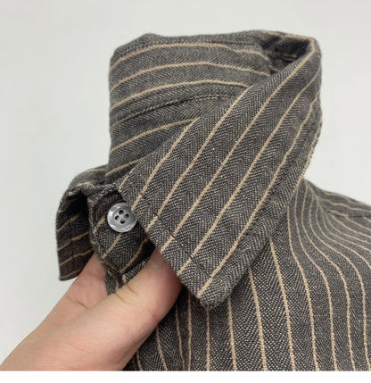 55% Linen 45% Cotton Vintage Striped Shirts for Men American Casual Retro Loose Blouses 2024 Spring Autumn Long Sleeve Male Tops