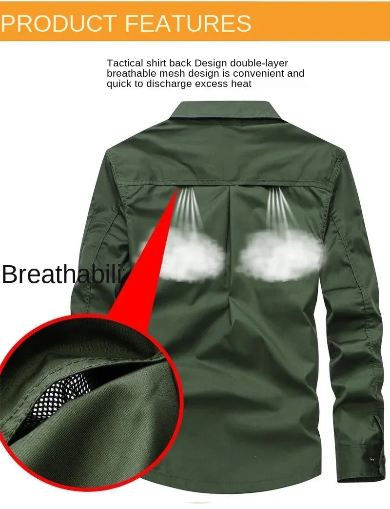 Summer Sets Mens Outdoor Breathable Multiple Pockets Combat Long Sleeve Shirts Cargo Pants Suits Male