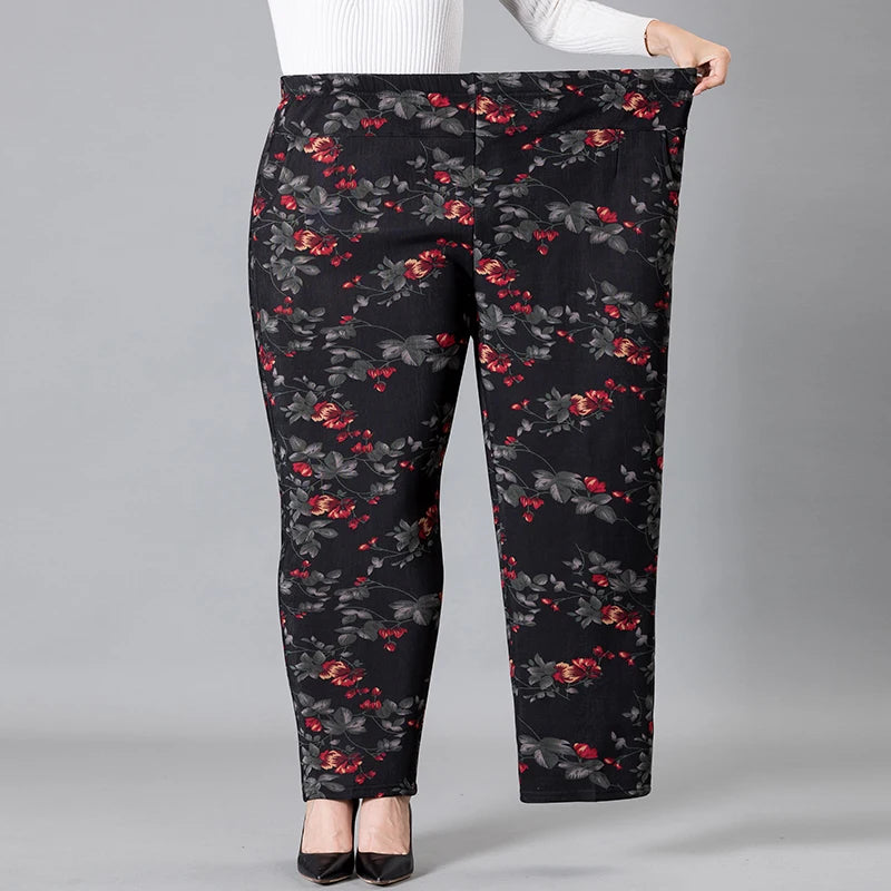 8XL 9XL Middle-aged Women Trousers New Print Elasti High Waist Casual Pants Spring and Autumn Straight Pants Oversize Grandma Pa