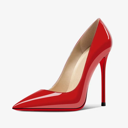 New 12cm pointed black high heels for women, slim heels with sexy temperament, shallow mouth, 34-46 red sole single shoes