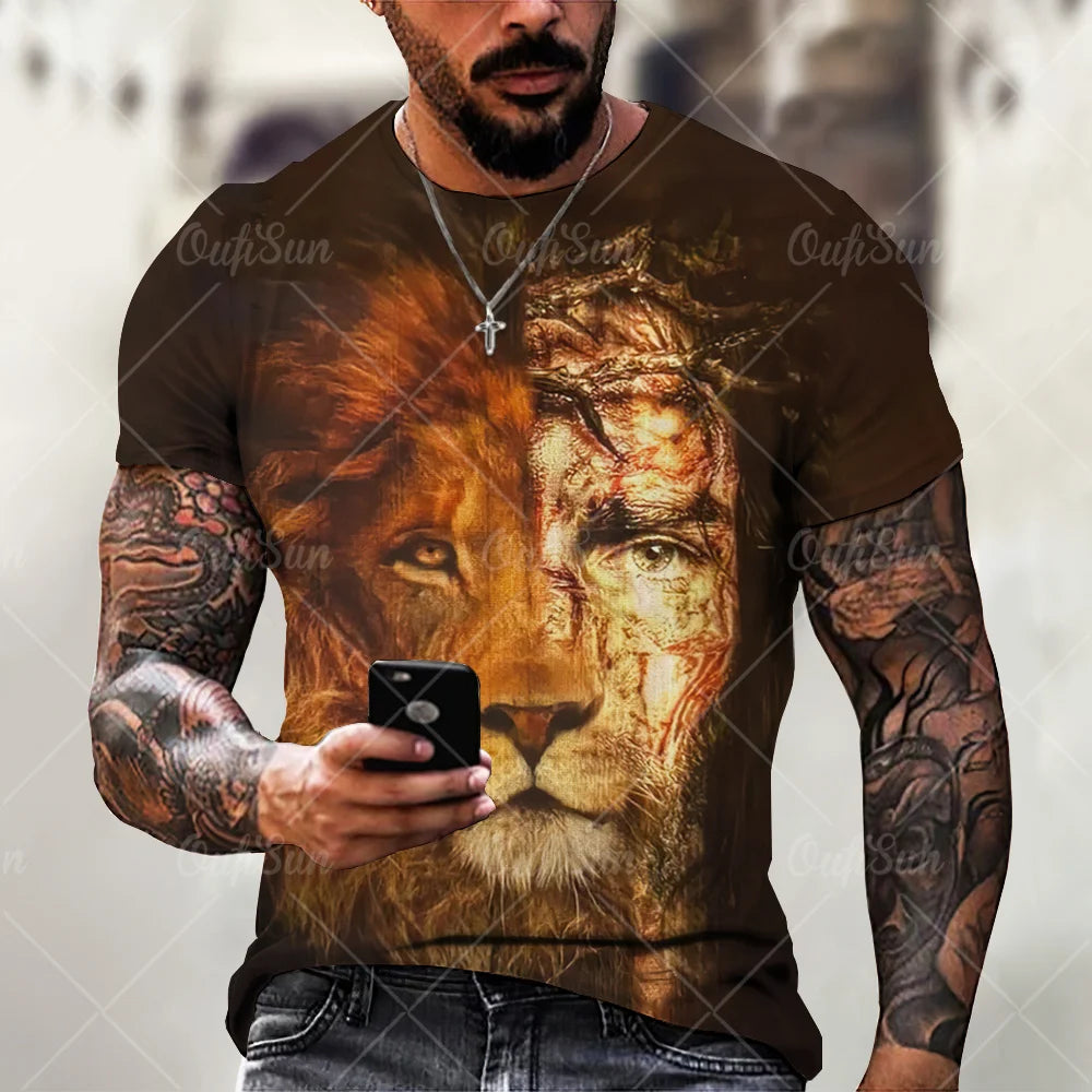 Christ Jesus T-Shirts for Men 3D Lion Printed T-Shirt Summer Clothes Short Sleeve Streetwear Vintage Tops Tee Shirt Men Clothing