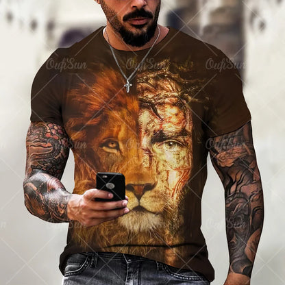 Christ Jesus T-Shirts for Men 3D Lion Printed T-Shirt Summer Clothes Short Sleeve Streetwear Vintage Tops Tee Shirt Men Clothing