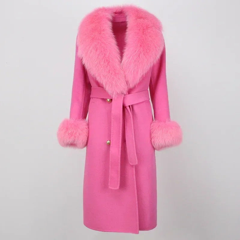 Double Breasted Woolen Jacket Belt Warm Cashmere Real Fur Coat Streetwear New Fashion 2024 Winter Women Long Natural Wool Blends