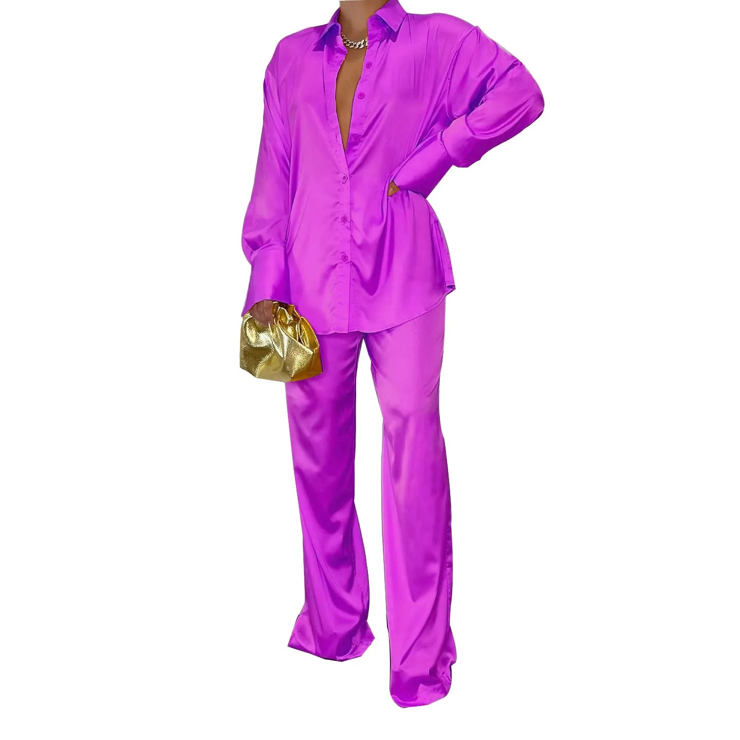 CM.YAYA Elegant Satin Women's Tracksuit Long Sleeve Shirt and Wide Leg Straight Pants Matching Sleepwear Two 2 Piece Set Outfits