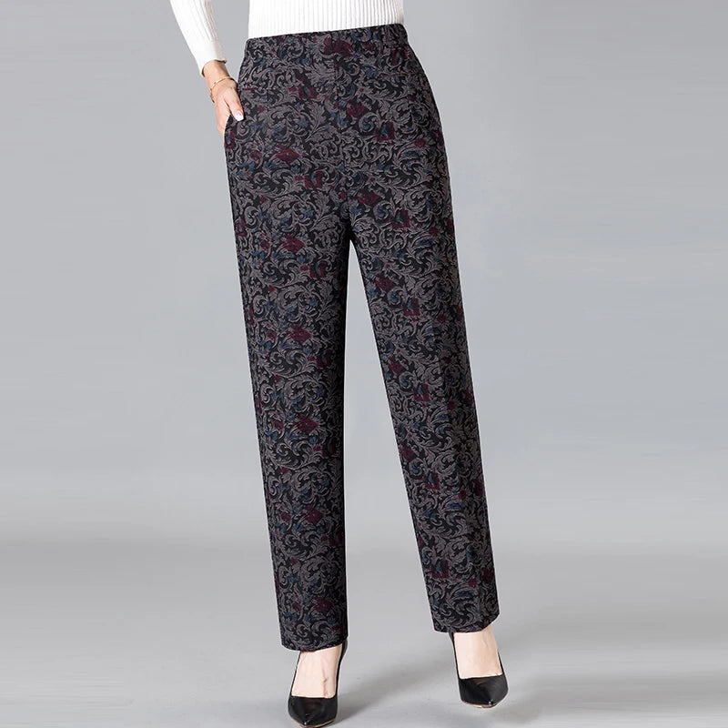 8XL 9XL Middle-aged Women Trousers New Print Elasti High Waist Casual Pants Spring and Autumn Straight Pants Oversize Grandma Pa
