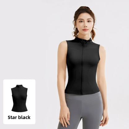 Spring and Summer New Sleeveless Vest Women's Yoga Jacket Slimming Stretch Slim Sports Jacket Standing Collar Zipper Top Fitness