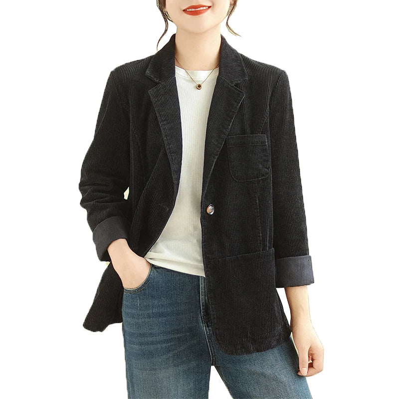 Retro Corduroy ort Suit Jaet Women's Loose Casual Striped Velvet Open Cardigan Top Spring 2026 New Sle Cotton Material