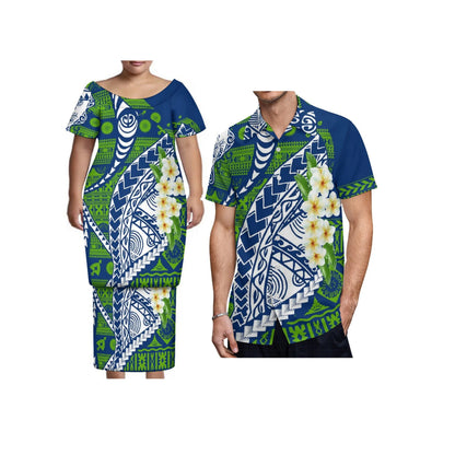New Tonga Polynesian Short Sleeve Dress Big Size Women Button Puletasi Dress and Aloha Men Shirt Match Couple Clothes Two Piece