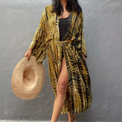 New 11 Colors Printed Long Sleeve With Belt Tunic Beach Cover Up Cover-ups Beach Dress Beach Wear Beachwear Female Women V4521