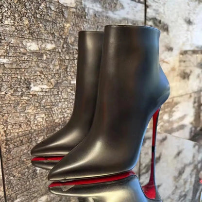 2024 Autumn/Winter New Sheep Pattern Leather Black Pointed Red BottomS Boots Bare Boots Versatile Short Boots Women's Thin Heels