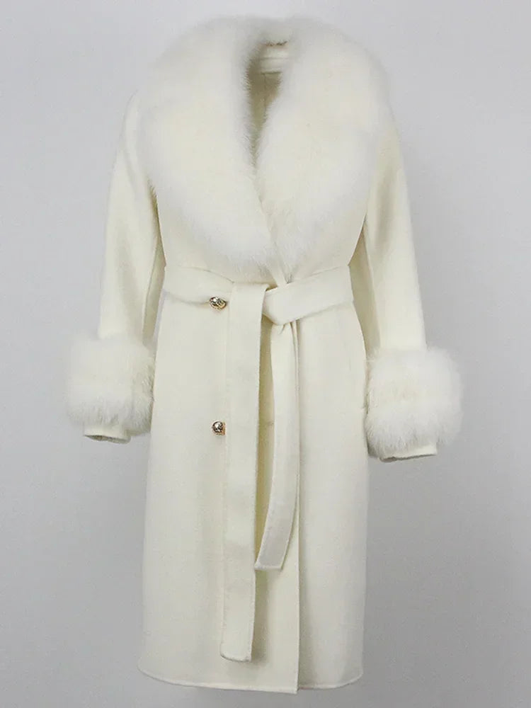 Double Breasted Woolen Jacket Belt Warm Cashmere Real Fur Coat Streetwear New Fashion 2024 Winter Women Long Natural Wool Blends