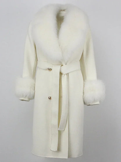 Double Breasted Woolen Jacket Belt Warm Cashmere Real Fur Coat Streetwear New Fashion 2024 Winter Women Long Natural Wool Blends