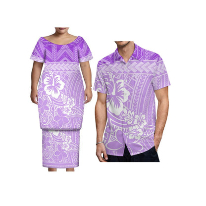 New Tonga Polynesian Short Sleeve Dress Big Size Women Button Puletasi Dress and Aloha Men Shirt Match Couple Clothes Two Piece