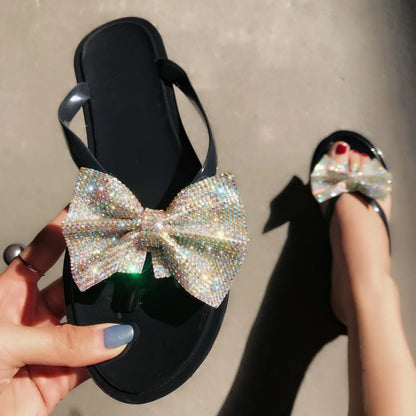 Summer New Clip-foot Bow Flash Drill Sandals and Slippers Women's Flip-flops Fashion Shoes  Clear Slippers Women  Summer Slipper