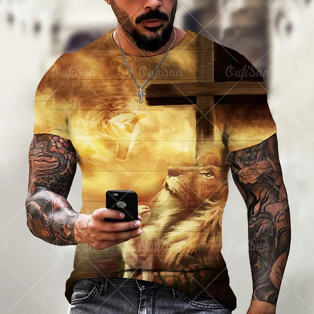Christ Jesus T-Shirts for Men 3D Lion Printed T-Shirt Summer Clothes Short Sleeve Streetwear Vintage Tops Tee Shirt Men Clothing
