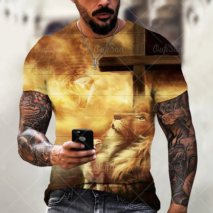 Christ Jesus T-Shirts for Men 3D Lion Printed T-Shirt Summer Clothes Short Sleeve Streetwear Vintage Tops Tee Shirt Men Clothing