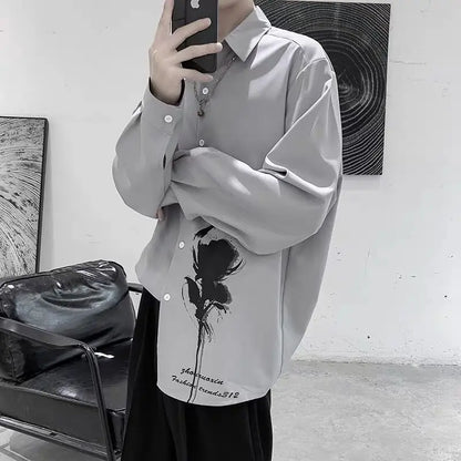 Japanese Trendy Men's 2024 Spring and Autumn New Splicing Square Collar Button Printed Fashion Loose Casual Long Sleeve Shirts