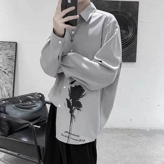 Japanese Trendy Men's 2024 Spring and Autumn New Splicing Square Collar Button Printed Fashion Loose Casual Long Sleeve Shirts