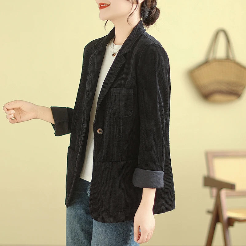 Retro Corduroy ort Suit Jaet Women's Loose Casual Striped Velvet Open Cardigan Top Spring 2026 New Sle Cotton Material