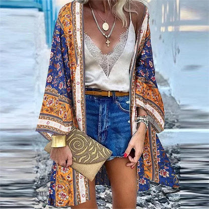New Summer Bohemian Beach Printed Cardigan Jacket Long Sleeve Leisure Holiday Beach Swimsuit Blouse Shawl Long Coat M-5XL