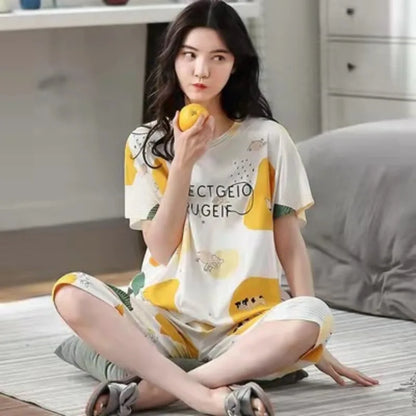 Women Sleepwear Half-Sleeve Seven-Quarter Trousers Student Nightwear Homewear Set Round Neck Cartoon Ladies Pajamas Loungewear