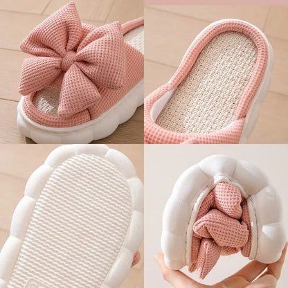 Comfortable Linen Slippers Soft and Lightweight Cotton Slippers Cute Bowknot Flat Slipper Couples Slides Home Shoes for Women