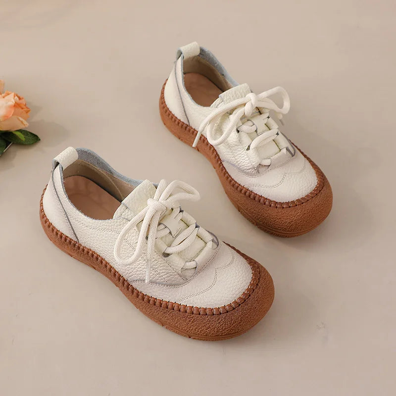 New Women's Genuine Leather Flats Woman Tied Up Wide Head Sports Sneakers Vintage Moccasin Non-Slip Walking Driving Loafer Flats