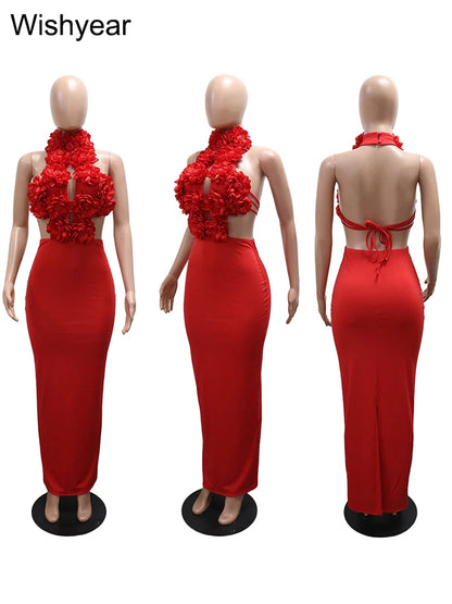 New Autumn Halter Sleeveless Backless Cutout Red 3D Flower Long Maxi Dress for Women Elegant Sexy Evening Birthday Party Vestido