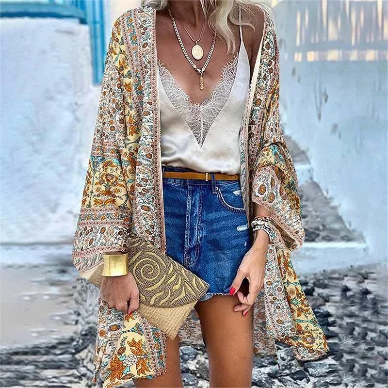 New Summer Bohemian Beach Printed Cardigan Jacket Long Sleeve Leisure Holiday Beach Swimsuit Blouse Shawl Long Coat M-5XL