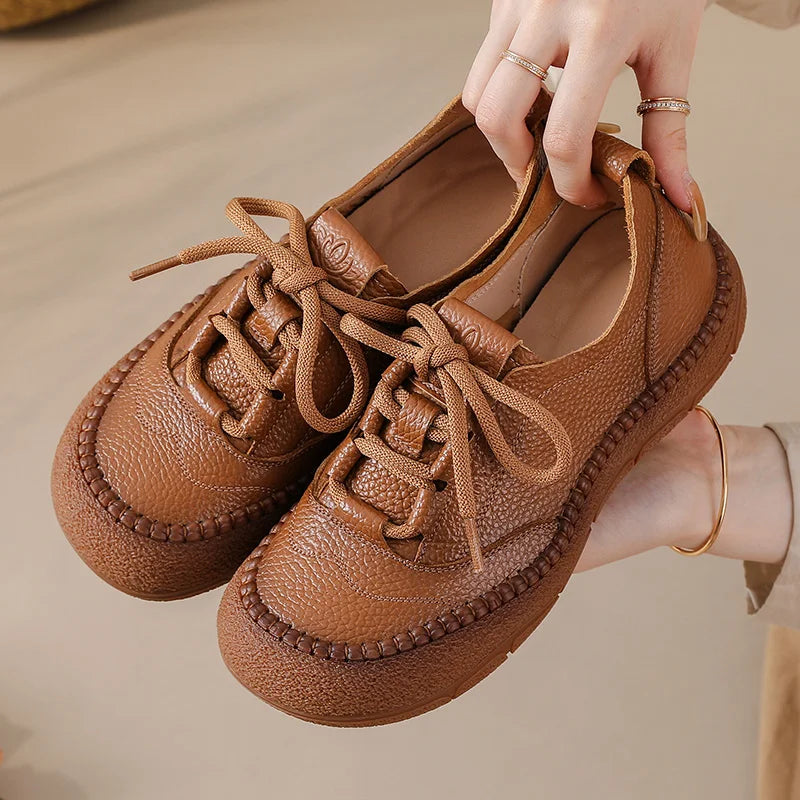 New Women's Genuine Leather Flats Woman Tied Up Wide Head Sports Sneakers Vintage Moccasin Non-Slip Walking Driving Loafer Flats
