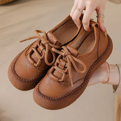 New Women's Genuine Leather Flats Woman Tied Up Wide Head Sports Sneakers Vintage Moccasin Non-Slip Walking Driving Loafer Flats
