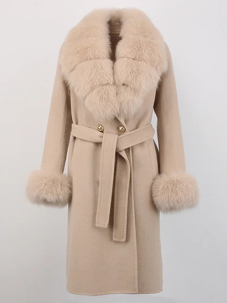 Double Breasted Woolen Jacket Belt Warm Cashmere Real Fur Coat Streetwear New Fashion 2024 Winter Women Long Natural Wool Blends