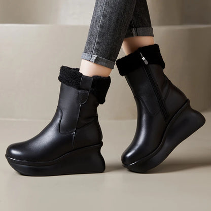 GKTINOO Genuine Leather Short Boots for Women Winter Wedges Warm Snow Boots Platform Shoes Thick Sole Non-slip Woman Boots