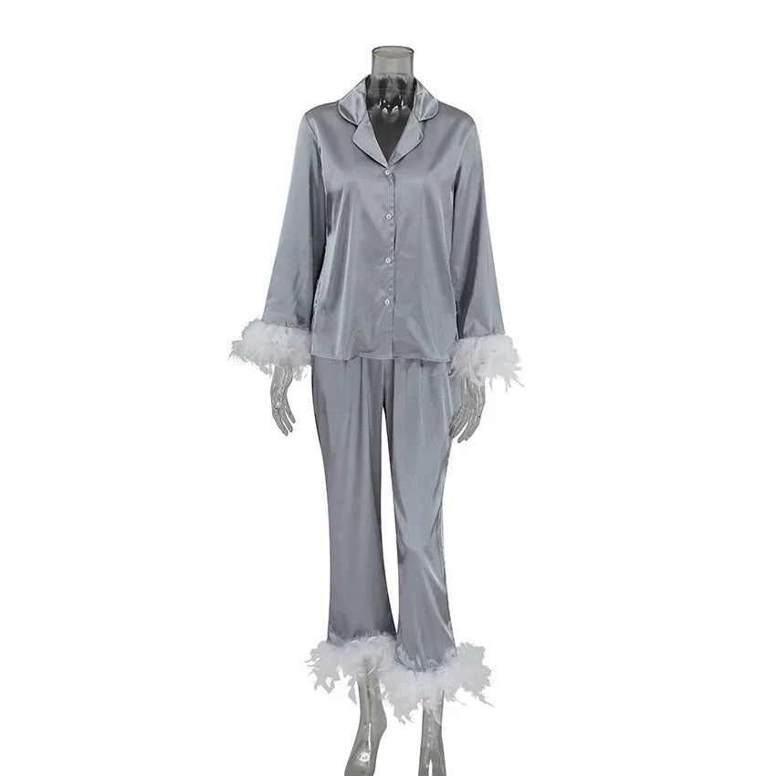 NHKDSASA Feathers Sleepwear Female 2 Piece Set Long Sleeve Turn Down Collar Tops Satin Casual Women Sets With Pants Summer 2023