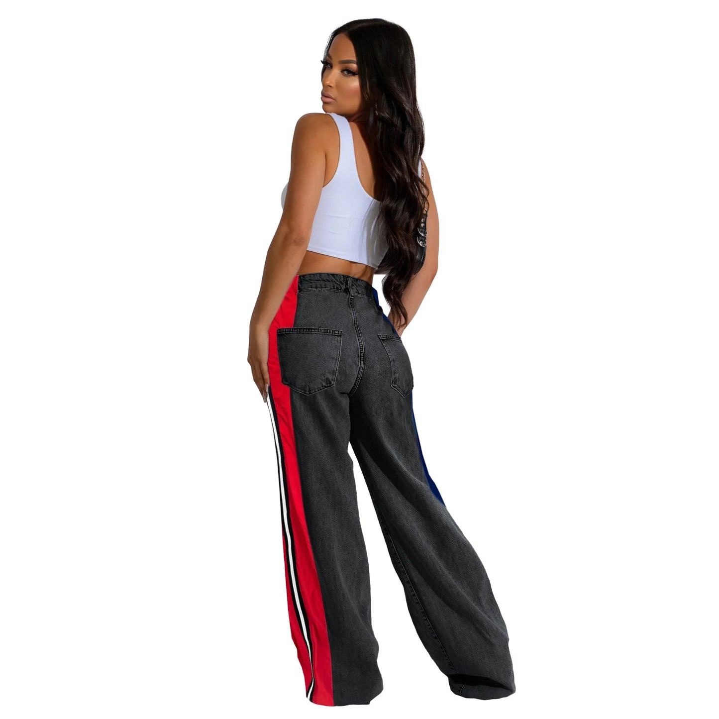 Denim Pants Women Patchwork Spliced Long Pant Mom Straight Button High Waist Casual Jeans Trousers Pocket Lady Y2k Autumn
